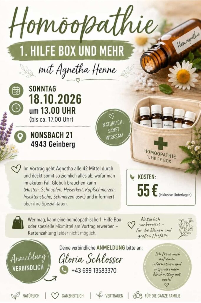 Flyer Homöopathie-Vortrag 1. Hilfe Box mit Agnetha Henne am 18.10.2026 in Geinberg