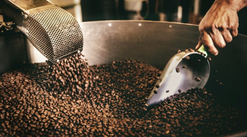 Frisch geröstete Kaffeebohnen in einer Kaffeerösterei